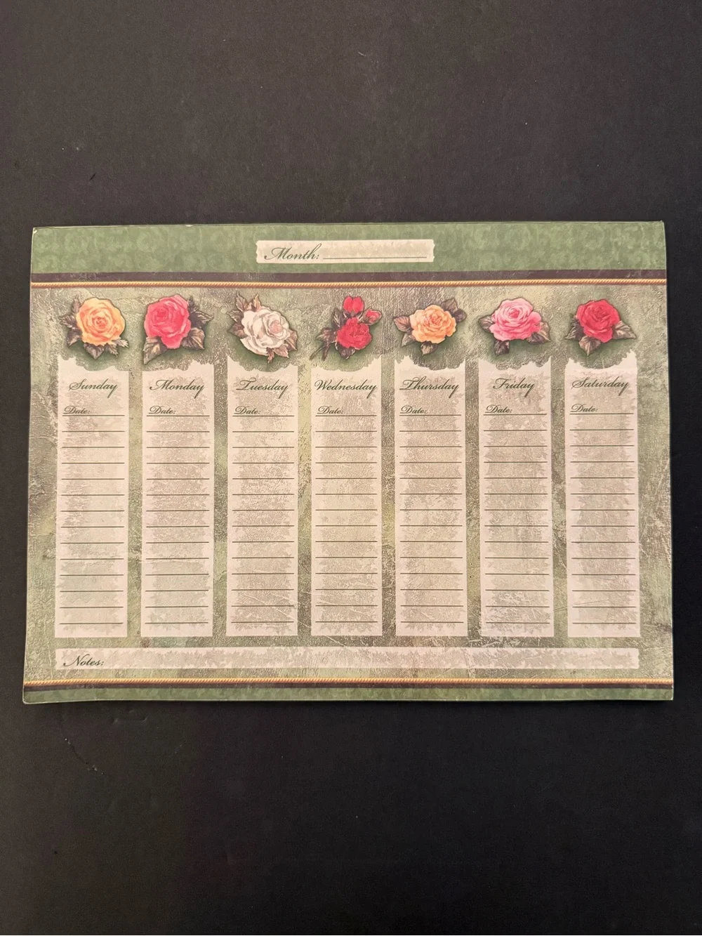 VTG Victorian To Do List Floral Weekly Planner Pad - Green Pink & Yellow Rose